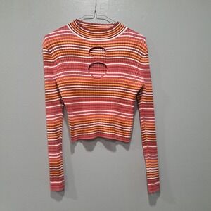 Madden NYC Striped Mock Neck Cutout Crop Top Long Sleeve Pink Orange Retro Indie
